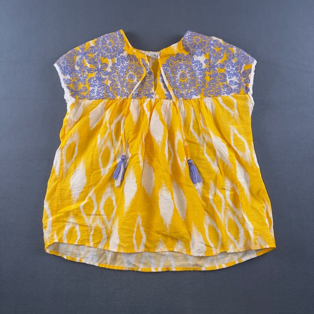 THML Yellow Ikat Embroidered Tassel Boho Blouse XS THS0902-MS